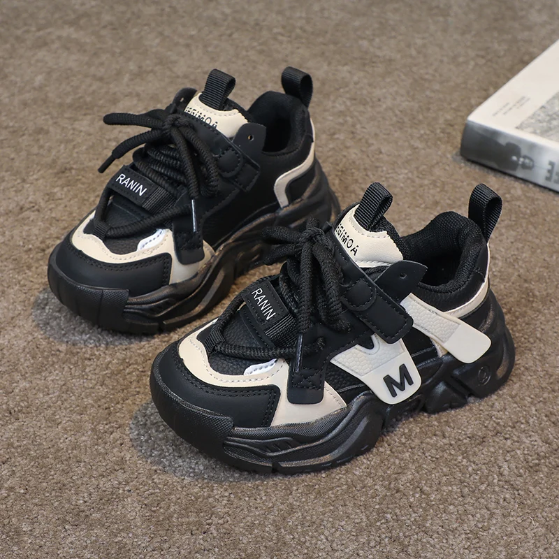 Soft Leather Autumn Children's Basketball Shoes, Boys' Casual Sports Shoes, Breathing Tennis Shoes, Patchwork Colors, 2025