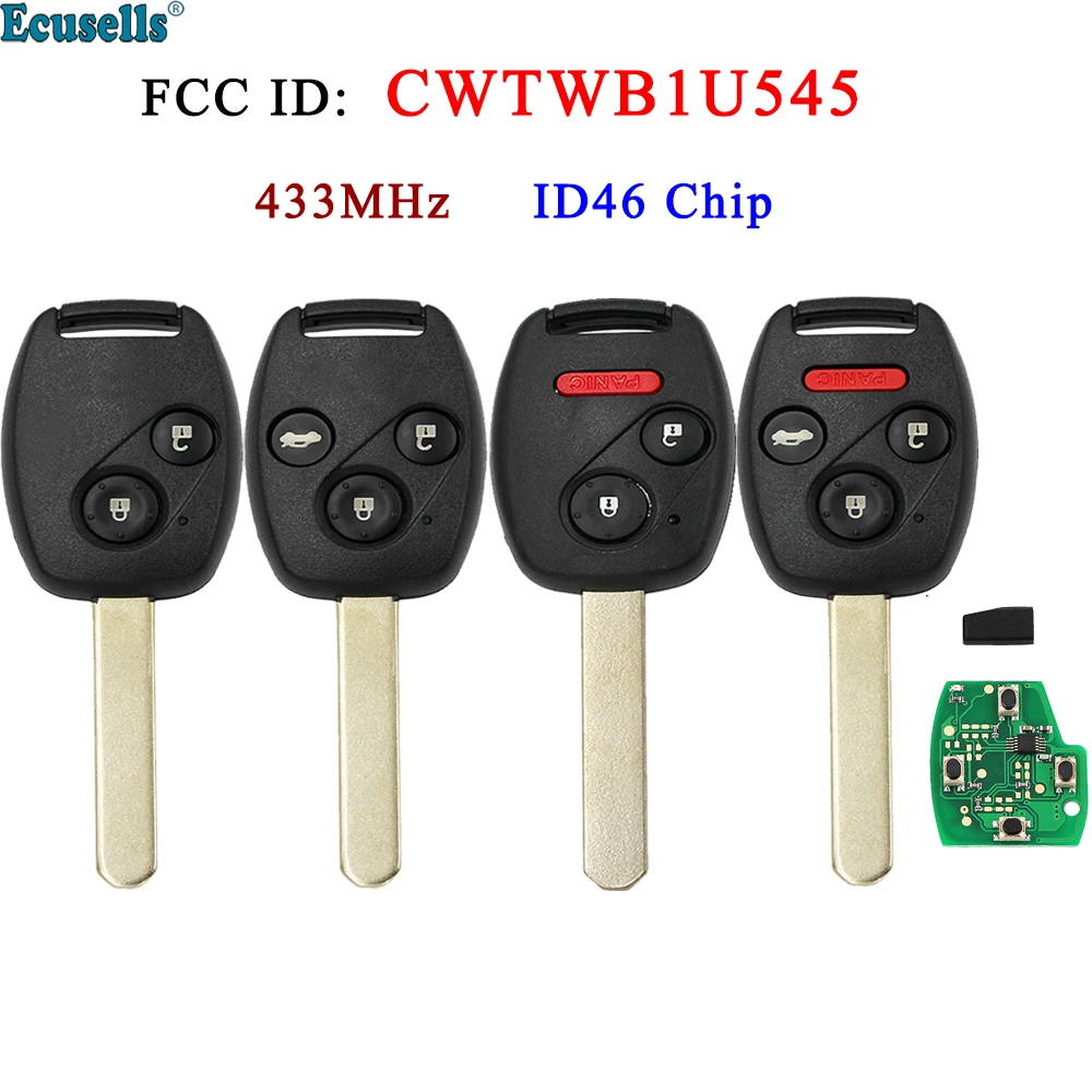 Ecusells Llave remota de 2/3/4 botones 433MHz con chip ID46 para Honda Pilot 2005 2006 2007 2008 FCC ID: CWTWB1U545