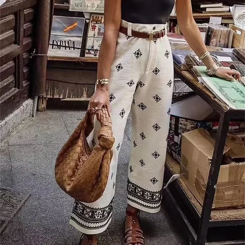 Imagen 1 del producto Pantalones ajustados de cintura alta para mujer, pantalones retro bordados de pierna recta, pierna ancha, temperamento, novedad de verano