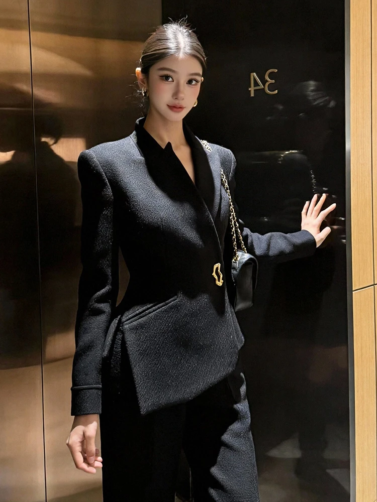 

Новый элегантный черный блейзер для женщин: приталенный, офисный, деловой, повседневный, классический, модный, люксовый пиджак для бизнеса и на каждый день