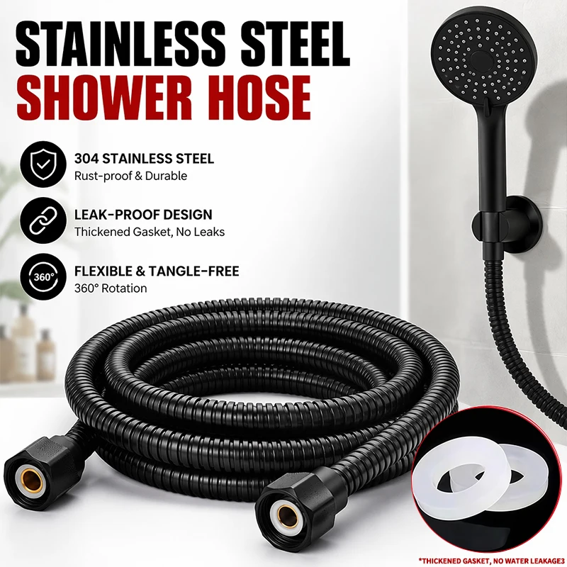 Black Stainless Steel Shower Hose 1.5/2m, High Density Braided Burst-Proof, High Temp Resistant,Brass Nuts, Bathroom Accessories