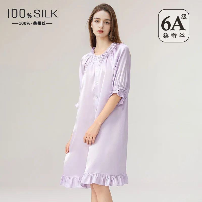 100% Mulberry Silk Nightgown French Off Shoulder Puff Sleeve Plus Size Princess Sleepwear Elegant Soft Dress Summer Loungewea