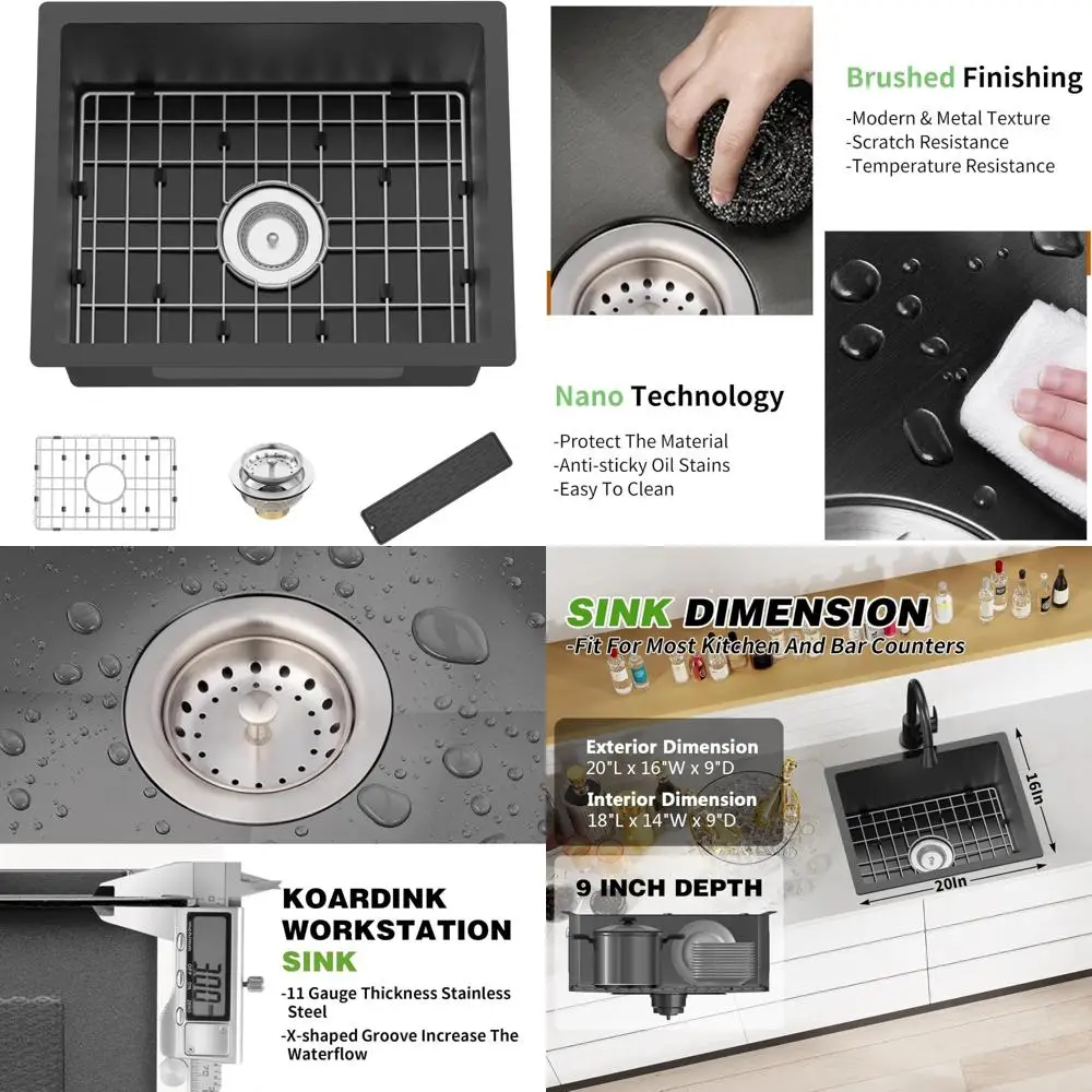 

Современная кухонная мойка из нержавеющей стали 20x16 дюймов с одной чашей и решеткой и силиконовыми аксессуарами для использования на барной столешнице