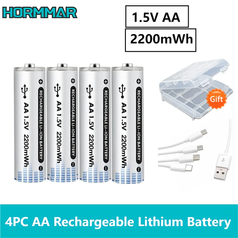 4/8/16PC AA Battery 1.5V Lithium AA Rechargeable Batteries 2200mWh Aa Clock Toys mouse battery with USB Cable and aa Battery Box