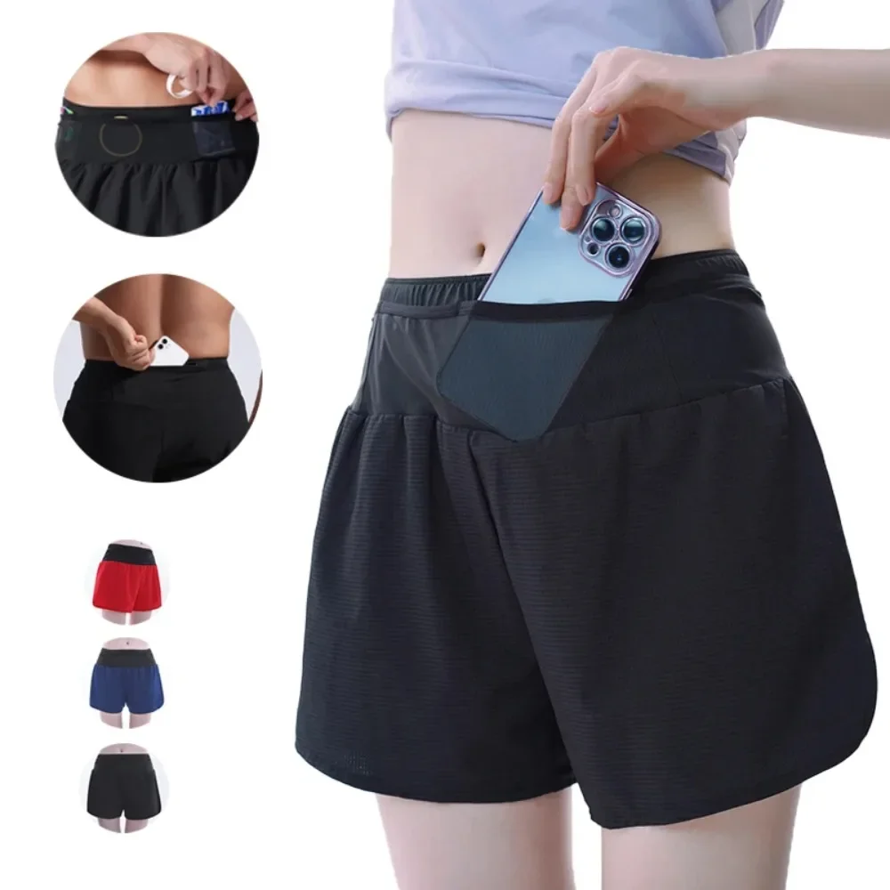 2026 Double Layers Quick Dry Fitness Shorts Marathon Running Shorts with Waist Pouch for Women Men