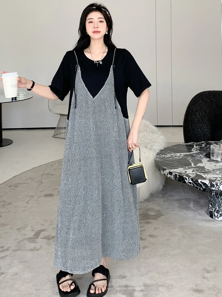 NYFS 2025 Summer New Korea Women Dress Vestidos Robe Elbise Loose Plus Size V-neck fake two-piece suspender belt Long Dress