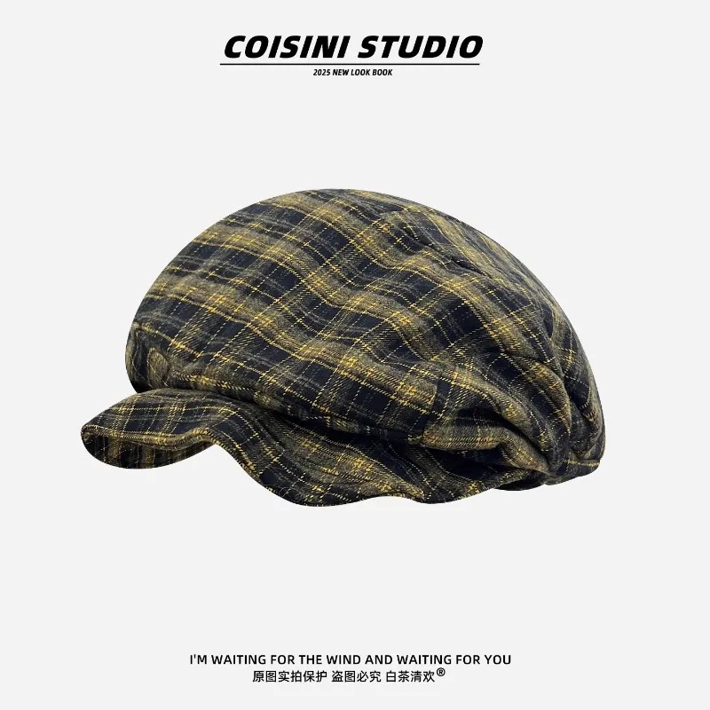 Japanese Retro Contrasting Color Plaid Berets for Women Spring and Autumn Casual Versatile Show Face Small Literary Painter Hat