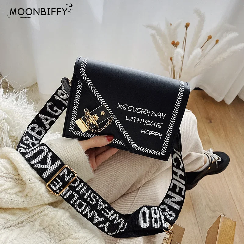 New Female Wide Strap Messenger Bag Women Fashion Shoulder Bags Ladies Handbag Casual Chain Crossbody Bag Purses for Girls