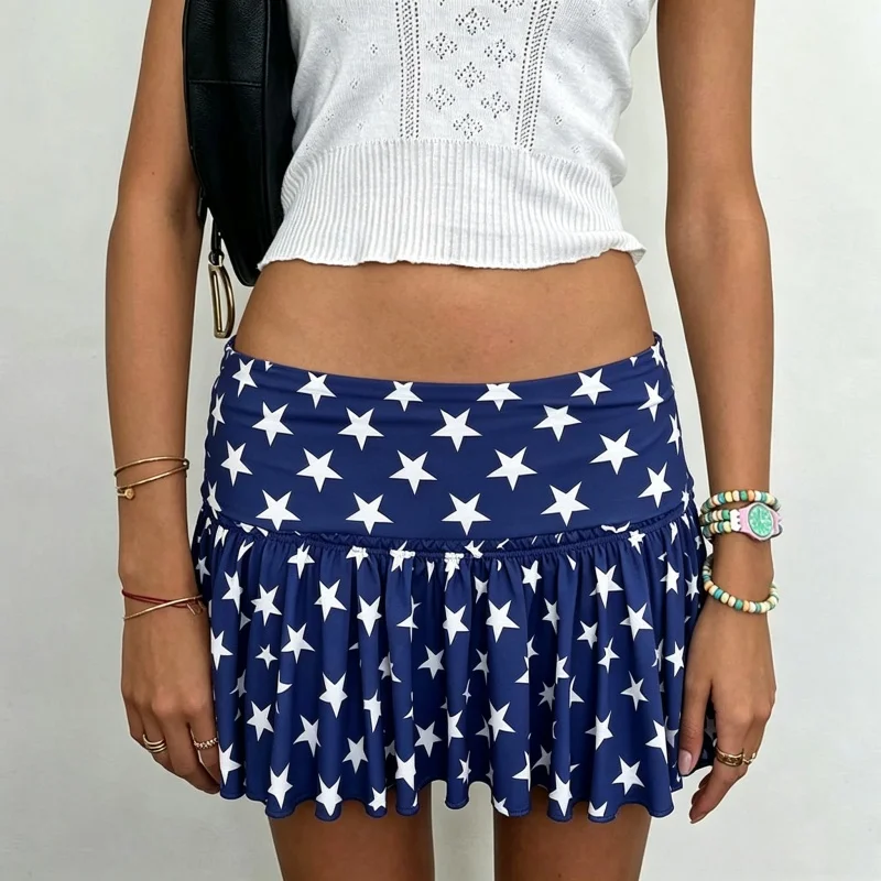 Y2K Women Fold‑Over Waist Mini Skirt Solid Star Print Ruffled Pleated Short Skirt Low Waist Summer Beach Party Skirts