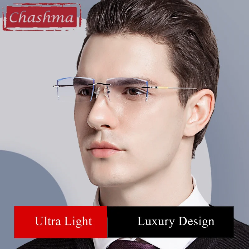 Chashma Diamond Trimmed Eyeglasses Men Rimless Glasses Ultra Light Frame Tint Lens Quality Optical Crystal Pure Titanium Eyewear