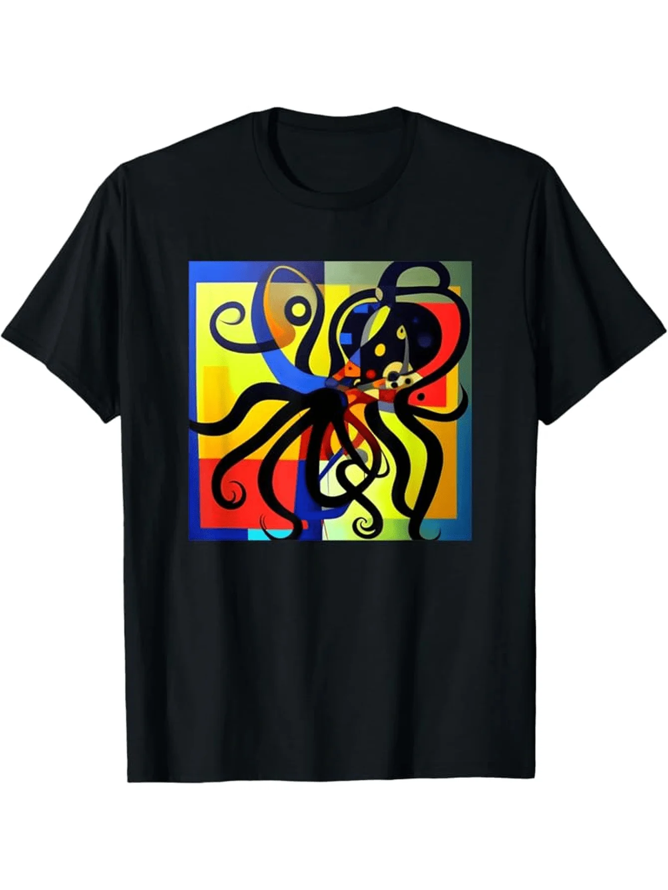 تي شيرت ملون على شكل حبار اللامسة Cephalopod مطبوع بأكمام قصيرة كاجوال برقبة دائرية مع تصميم علم الأحياء البحرية متعدد الألوان