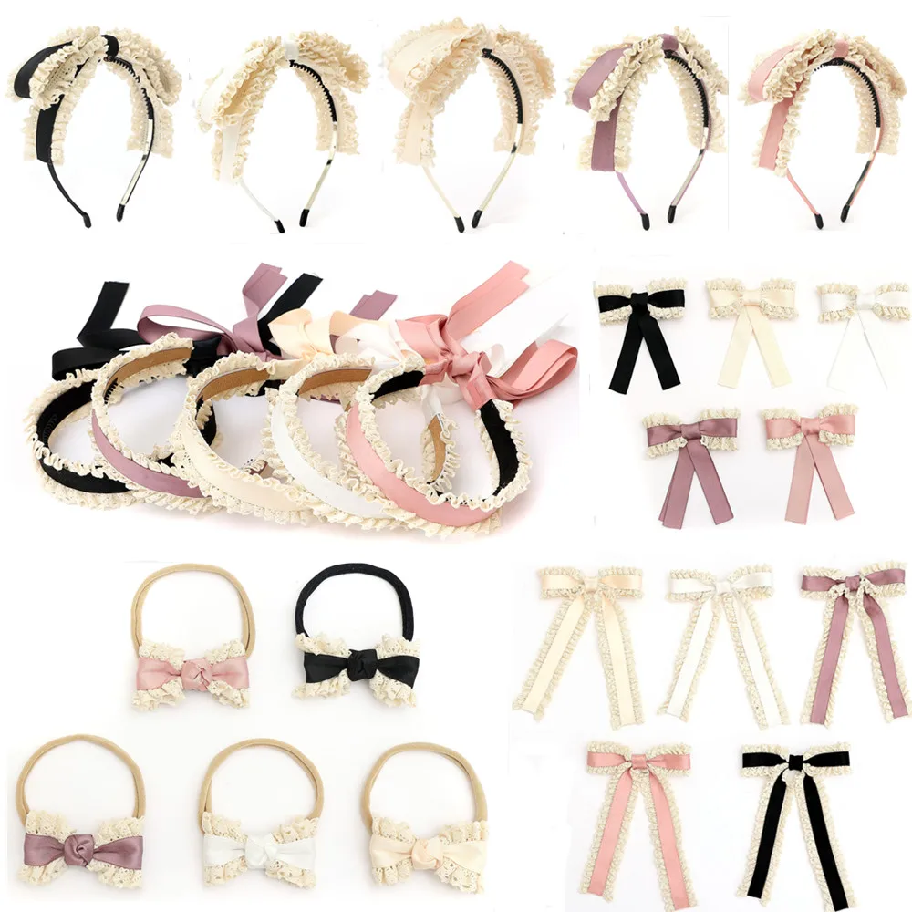 Satin Cotton Ruffle Lace Ribbon Hairband Girls Band With Tail Colorful babyclip Hair Accessories Scruchies