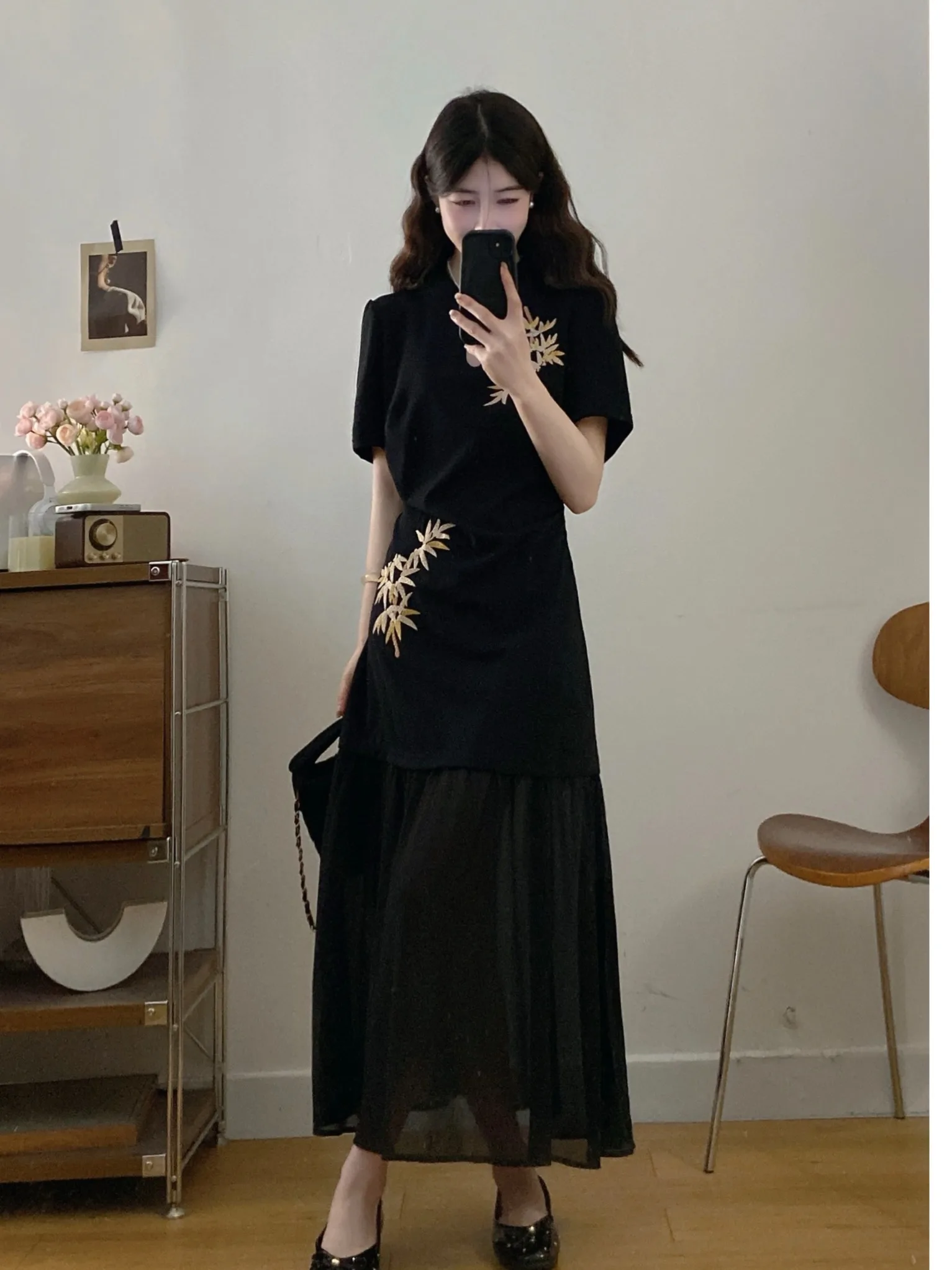 

Женское платье больших размеров с коротким рукавом, вышивкой, завышенной талией, А-образным силуэтом, летнее, новое, модное, в китайском национальном стиле