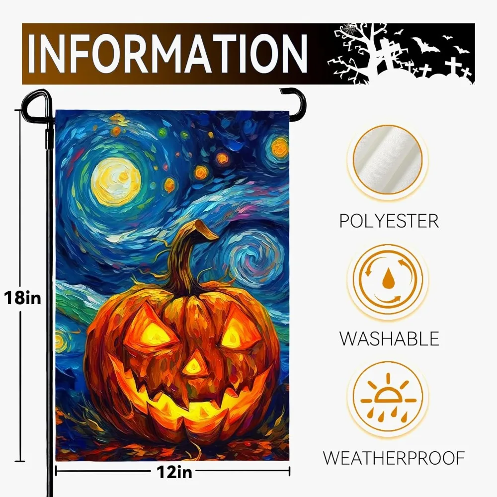 Halloween Garden Flag Pumpkin Garden Flag Van Gogh Garden Flags Arts Starry Night Sky Moon Yard Flag Fall Porch Patio Yard Decor