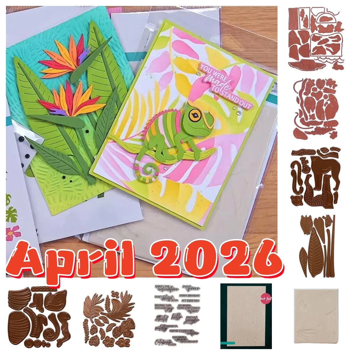 Abril 2026 Troqueles de corte de metal, sellos transparentes y plantillas de estampado en caliente con motivos de Gato de la Selva, Camaleón y Ave del Paraíso para manualidades de álbumes de recortes DIY
