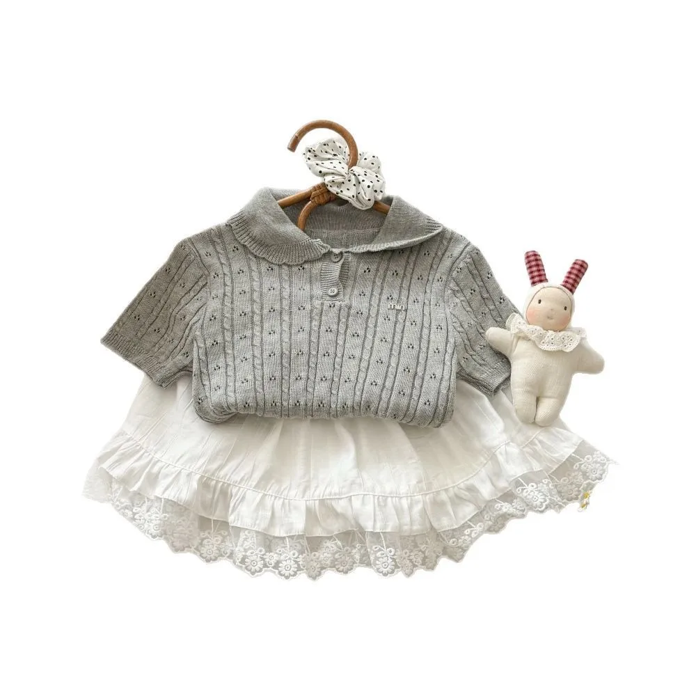 Conjunto de punto de cuello  estilo preppy para niñas, conjunto de verano de manga corta con bordado de aodón y falda d...