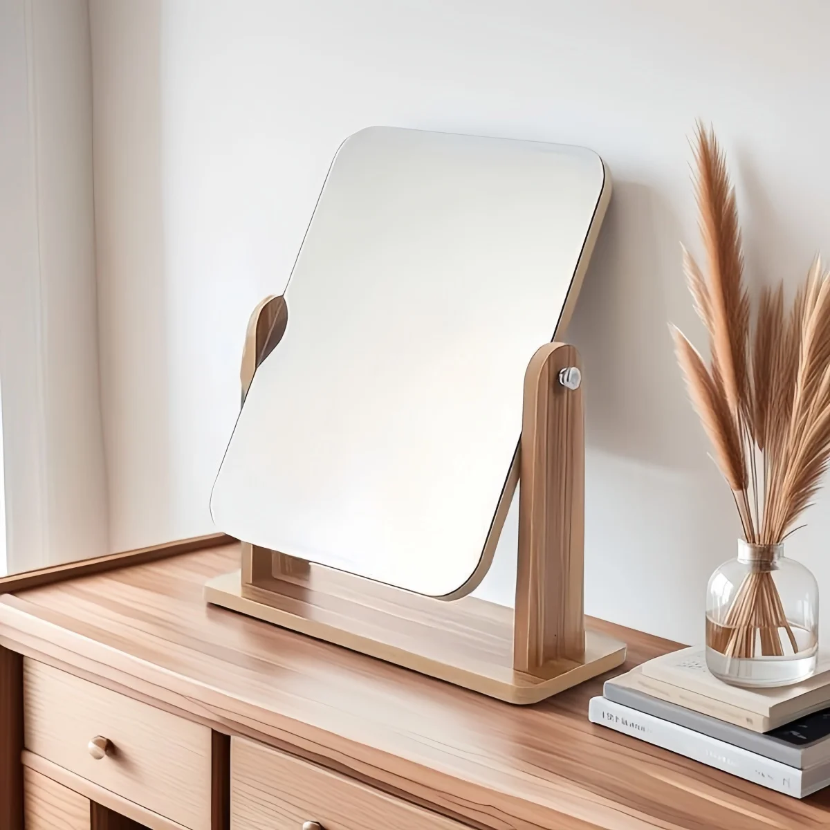 مرآة مكياج خشبية اختيارية قابلة للتعديل بزاوية 360 درجة، مرآة تجميل أوروبية بسيطة، مرآة ألوان خشبية طبيعية #1