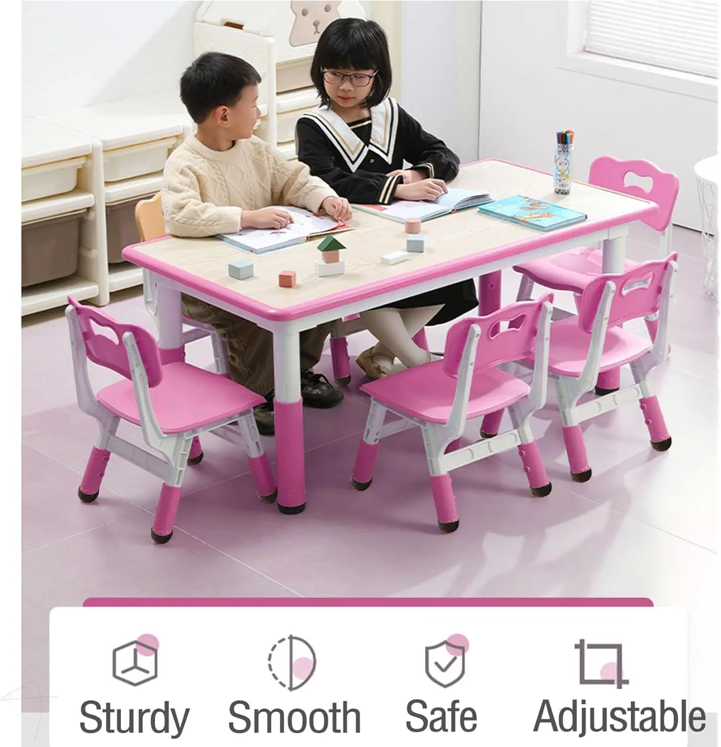 

Toddler Height Adjustable Desk With Graffiti Desktop Kindergarten Kids Table And Chairs Set Arts & Crafts Table With 6 Seats
