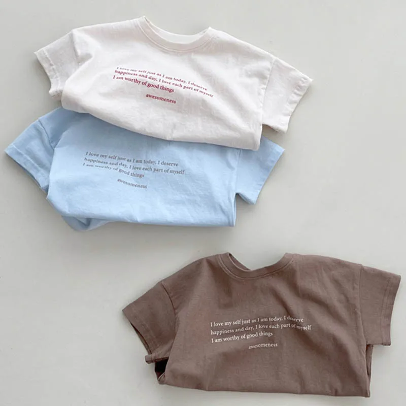 2026 Summer New Children Short Sleeve T Shirts Letter Print Boys Girls Casual Tees Cotton Baby Loose Versatile Tops Kids Clothes