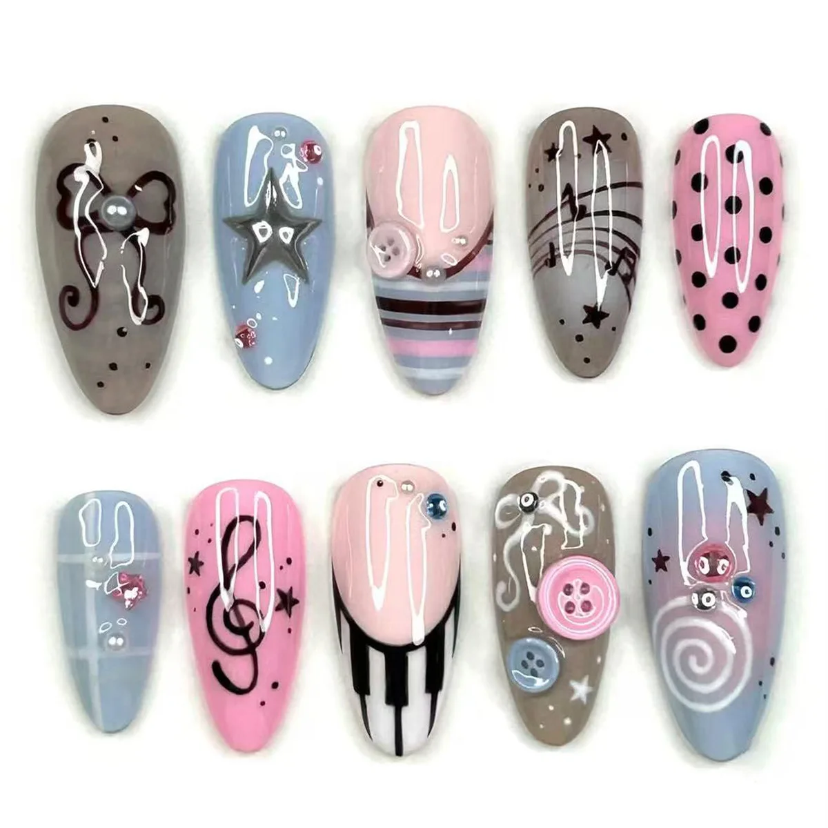 24pcs Press on Nails Tips Almond with Rhinestone Button Design Decor False Nails Bow Pearl Fake Nail French Polka Dot Manicure