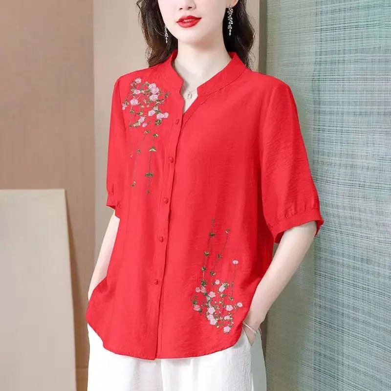 Simplicity Office Lady Summer Women\'s Stand Collar Embroidered Single Breasted Fashion Casual Loose Short Sleeve Shirts Tops