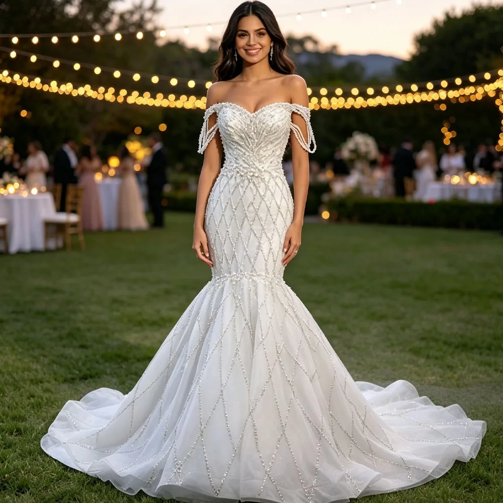 Customized Bridal Dress Sweetheart Off Shoulder Lace Up Back Wedding Dress Beading Sequined Vestidos Novias