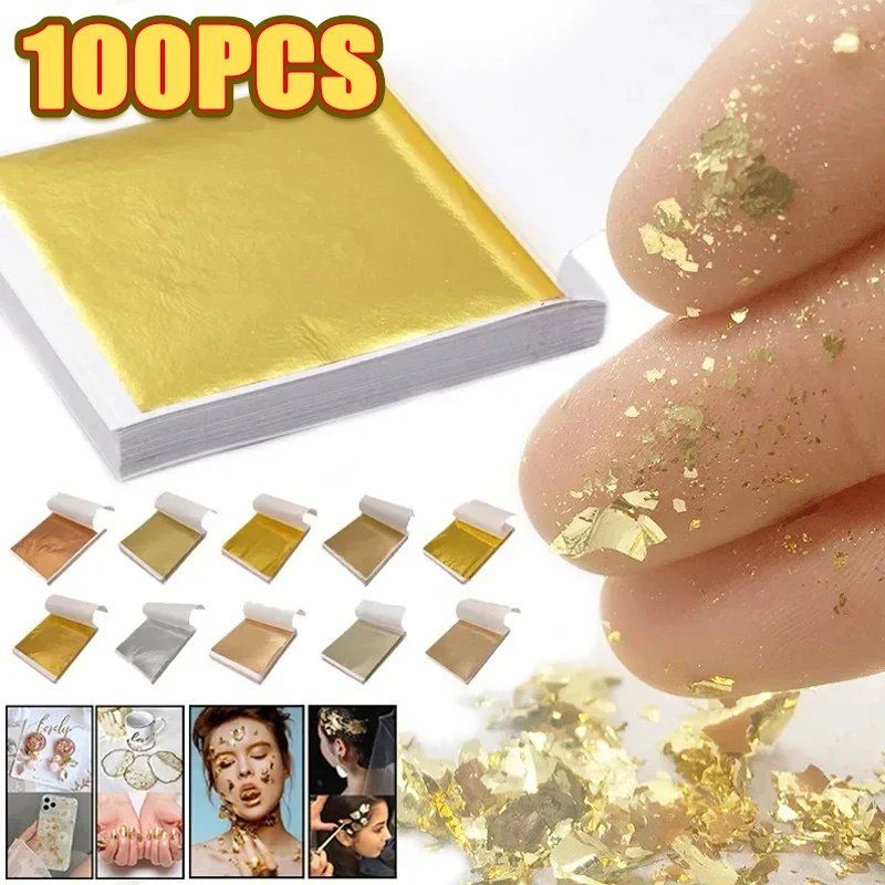 

100Pcs Imitation Gold Foil Sheets 9x9cm Metallic Paper for DIY Crafts Painting Resin Nail Art Furniture Gilding Wedding Decor