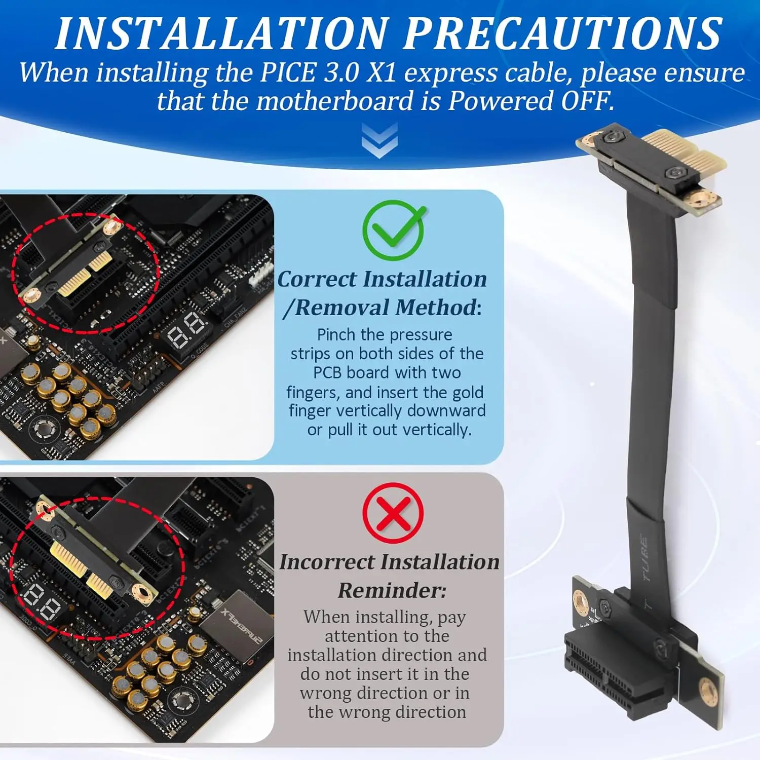 PCI-E 3.0 Riser PCIe Cable de extensión para gráficos X1 a X1/M a F/90° a 90° para M.2/WiFi/Network/USB/tarjetas de sonido