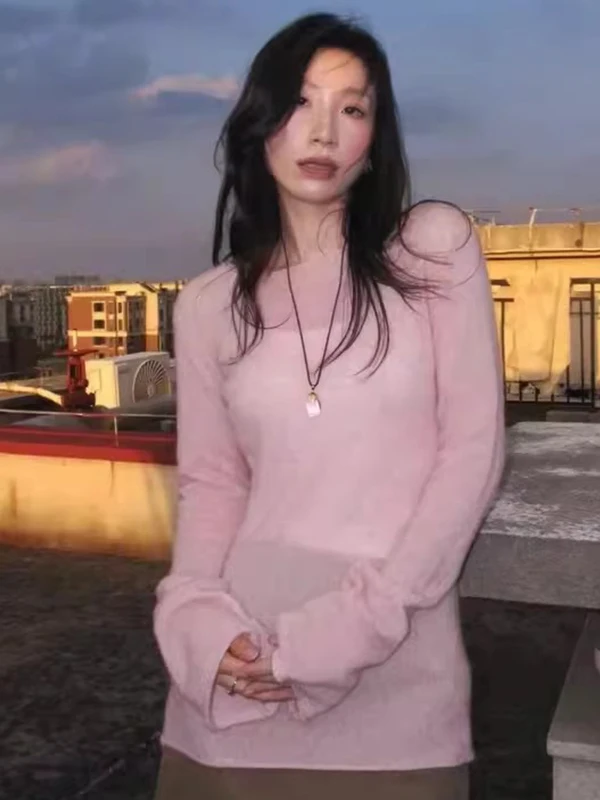 

Розовый трикотаж Bell Sve Camere для женщин, ранняя осень, одинарная одежда, ленивый свободный мягкий топ, французский свободный крой, повседневная одежда