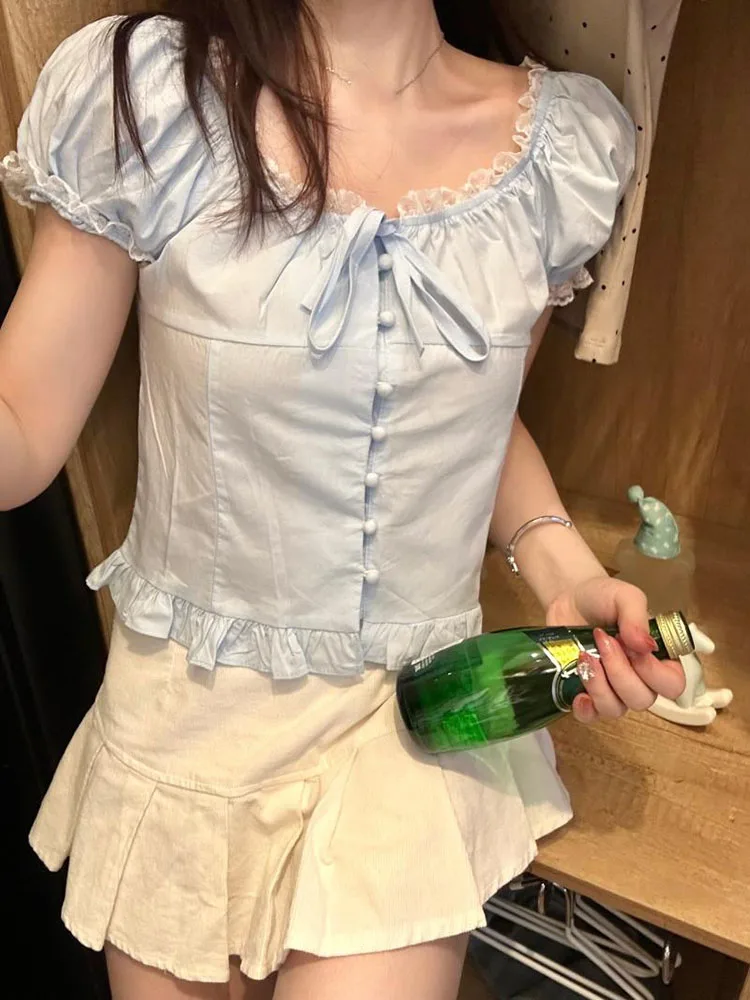

Сладкие свежие французские пышные рубашки с короткими рукавами и рюшами, летняя утягивающая однобортная блузка с высокой талией
