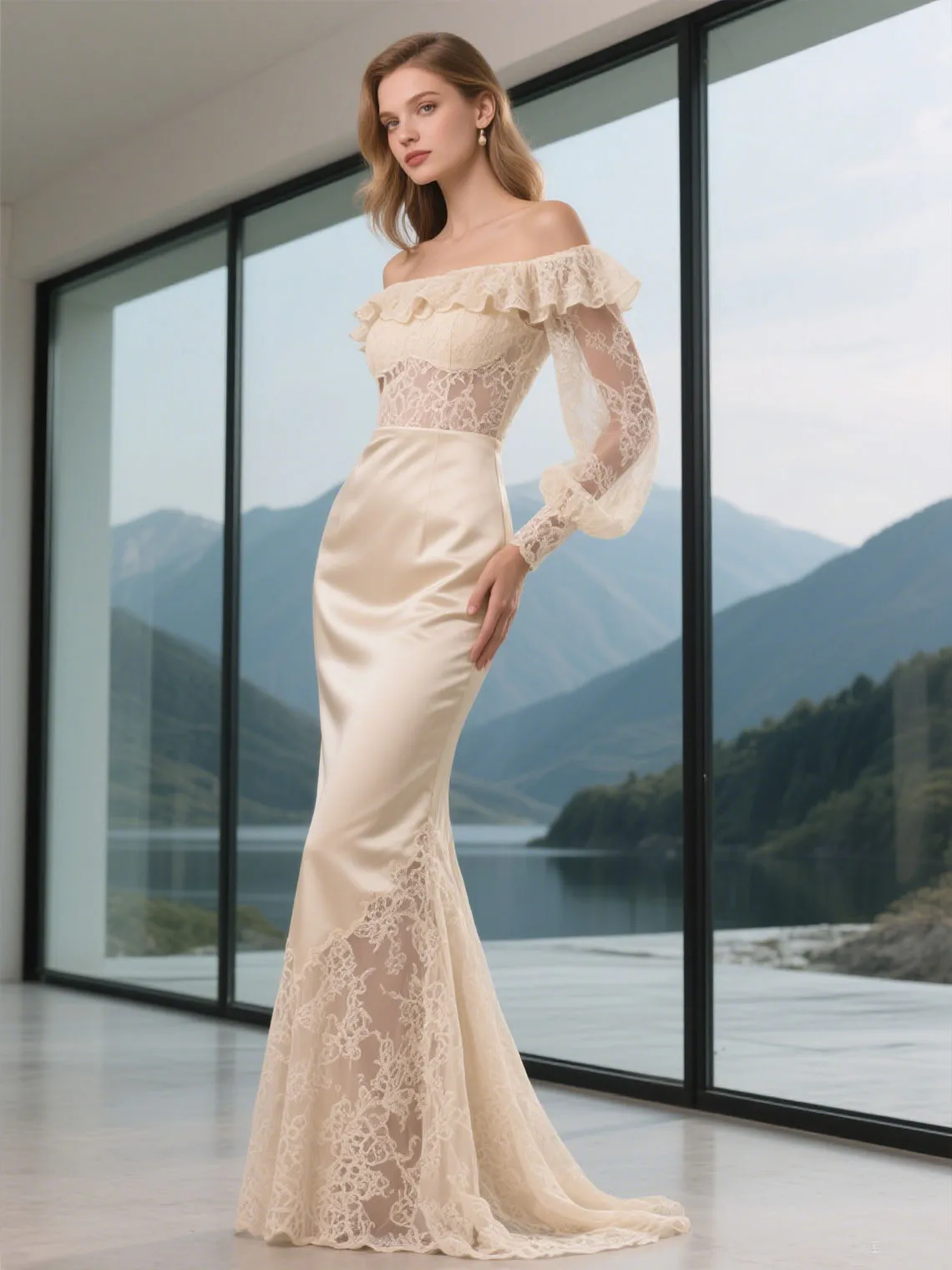 

Elegant Off Shoulder Mermaid Evening Dress Sexy Sweep Train Satin Long Sleeves Appliques Lace Evening Dress 2025 Free Customized