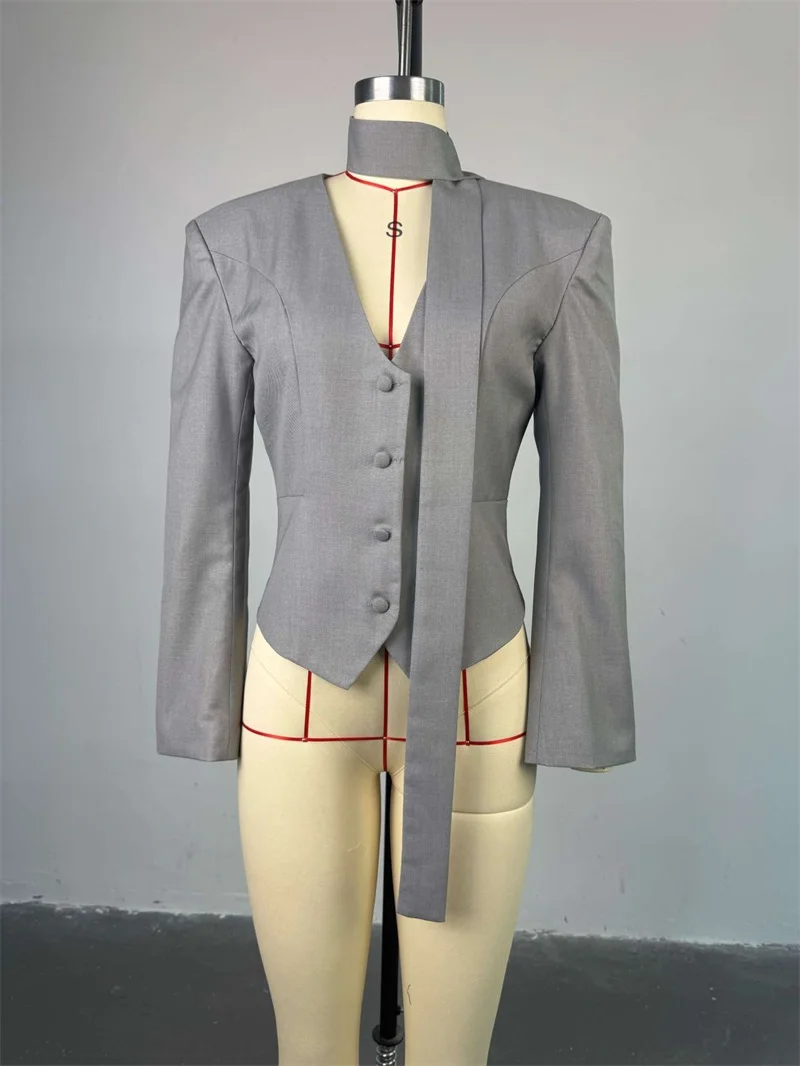 Traje de otoño para mujer, chaqueta corta de 1 pieza con bufanda de algodón, ropa para fiesta de graduación, chaqueta Sexy con cuello en V, abrigo Formal para invitados de boda y cumpleaños