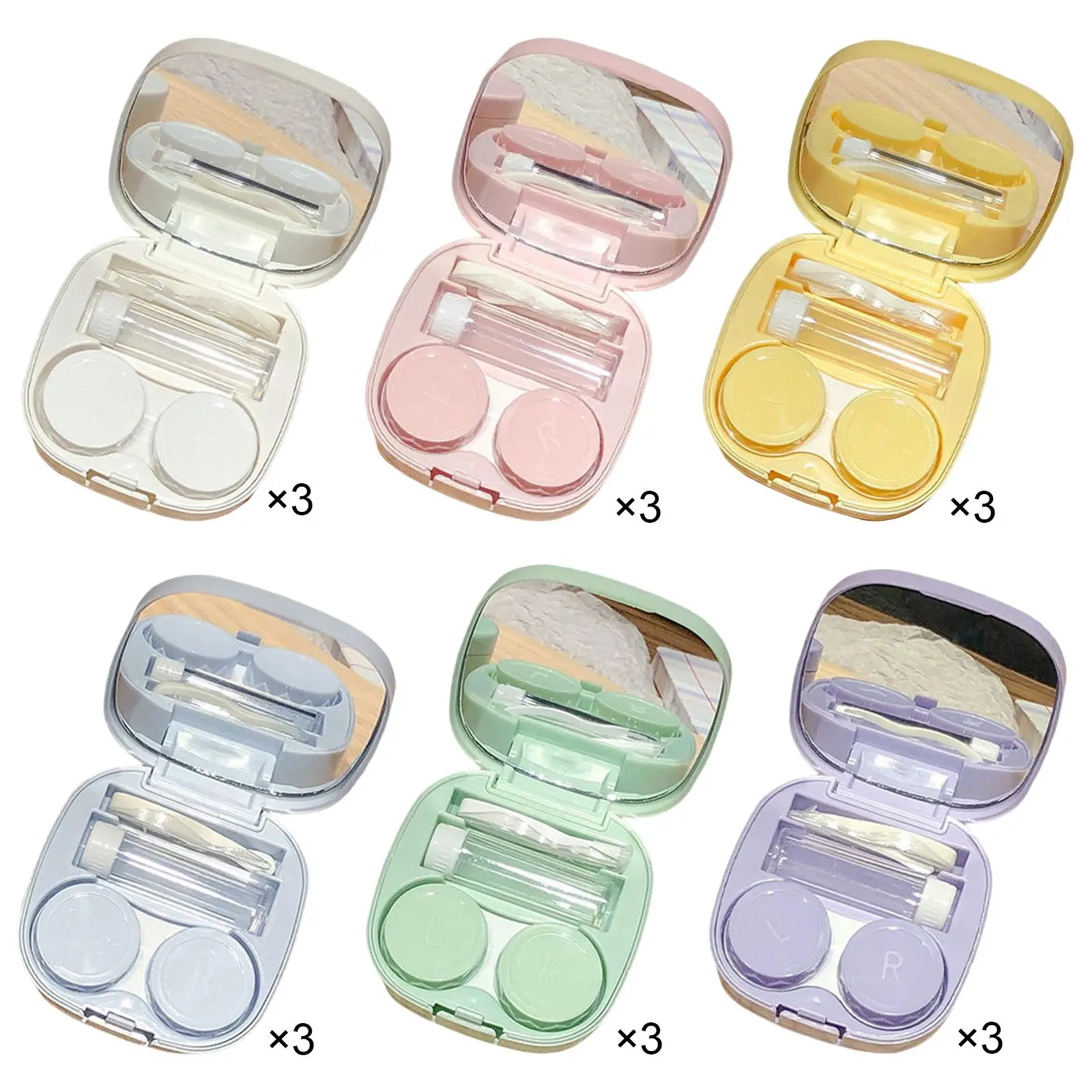 Pack of 3 Compact Contact Lens Case Kit with Mirror Leakproof Mini Contact Lens