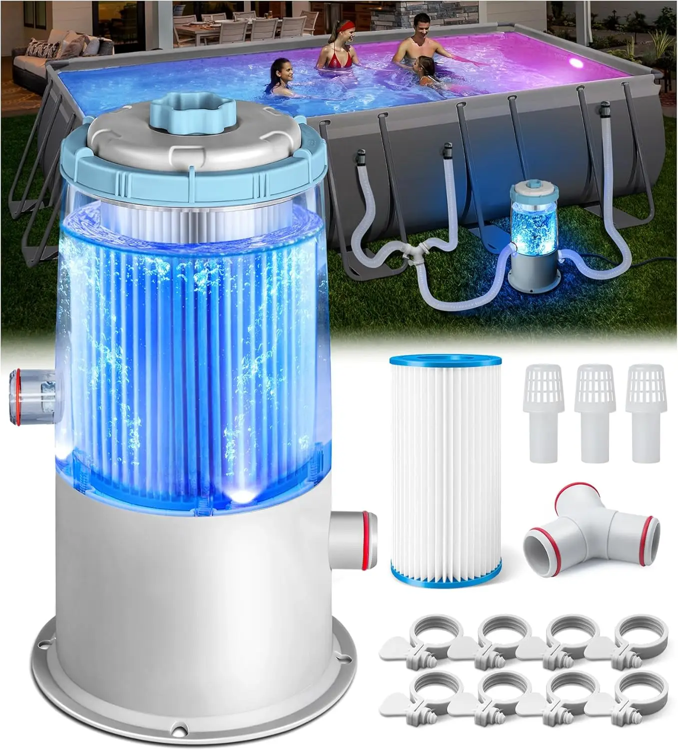 

Glowing 1000 GPH Above Ground Pool Filter Pump with Built-in Blue LED Light | Powerful Pool Cartridge