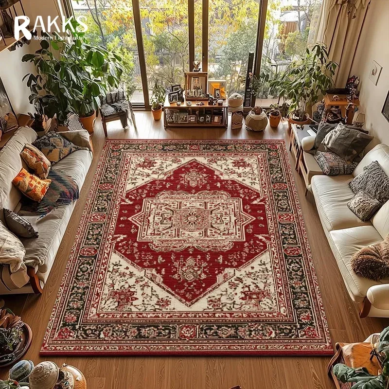 سجادة منطقة مخملية حمراء من RAKKS Boho، سجاد منخفض الكومة غير قابل للانزلاق بنمط طباعة الميدالية الفارسية بنمط متعدد