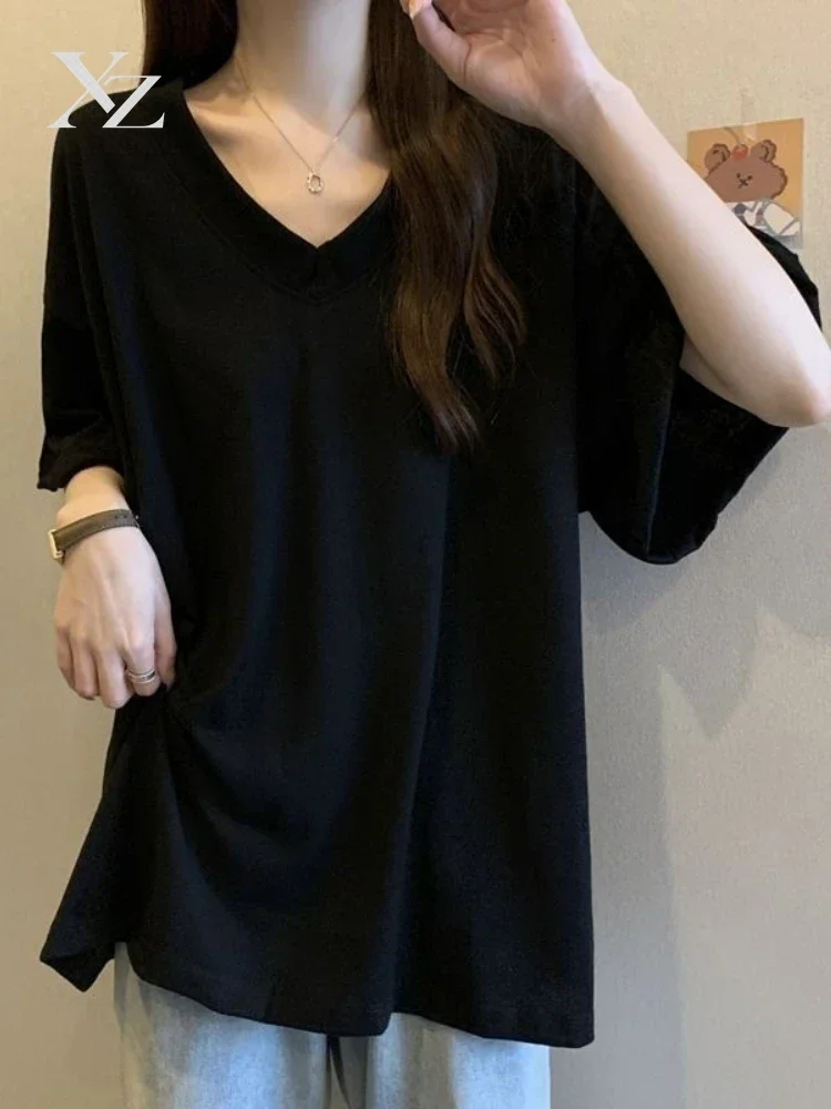 Hot Sale Women's Summer Loose V-Neck T-Shirt Plus Size Casual Slimming Lazy Sle Mid-Length Fat MM Top