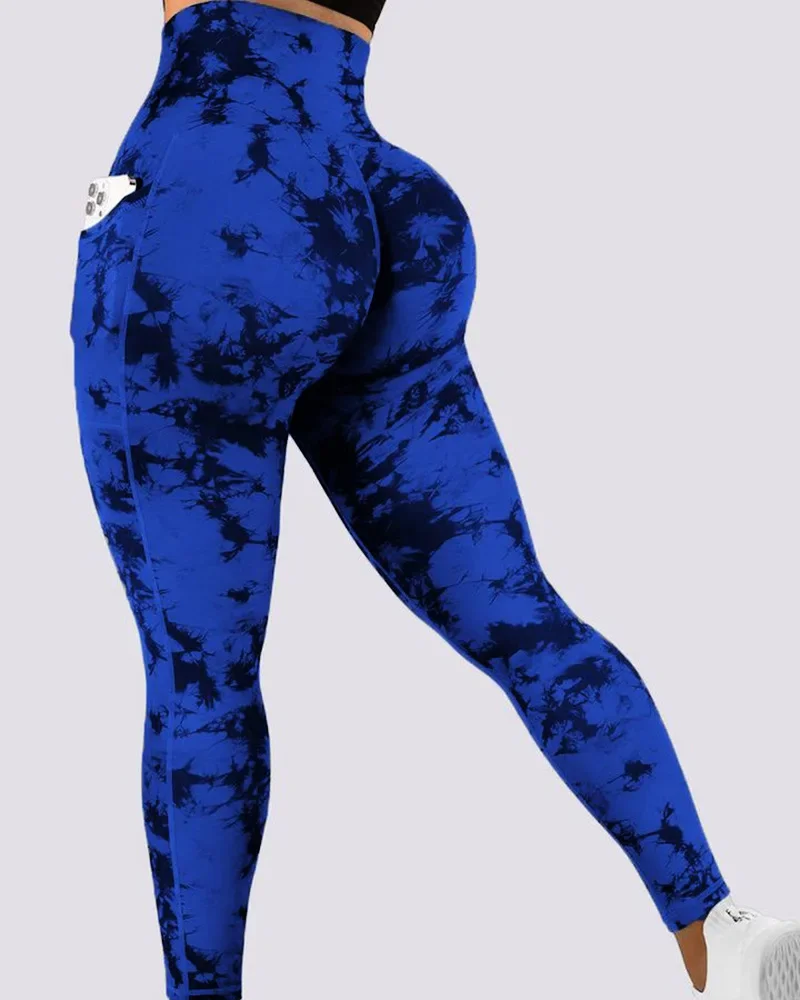 Tie Dye Print Tummy Control Butt Lifting Pocket Design Yoga Pants Women Slim Sexy Ankle Length Pants Leggings