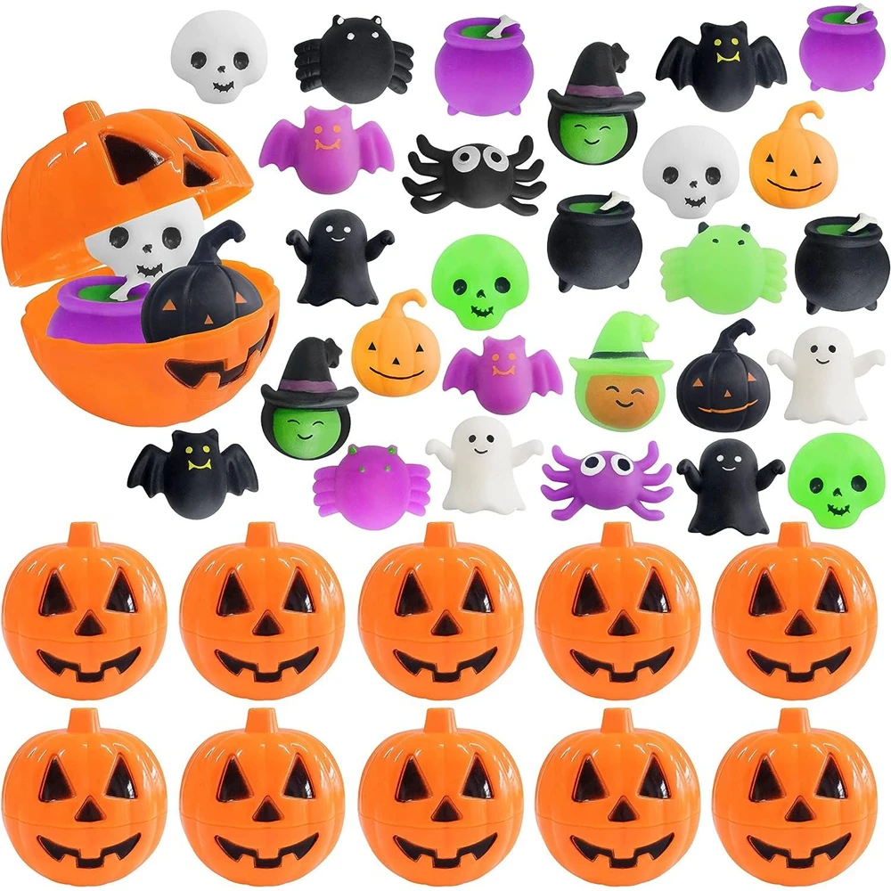 Halloween Toy 30PCS for Kids Adult Bat Pumpkin Random Mini Kawaii Mochi Squishy Squeeze Toy Party Favors with 10PCS Pumpkin Jars