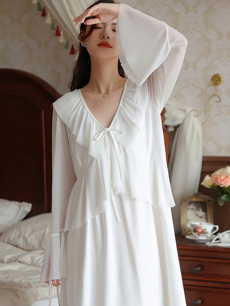 

Women Ruffles V-Neck Vintage Nightgowns Lolita Princess Sleepwear White Mesh Fairy Night Dress Victorian Nightdress Loungewear