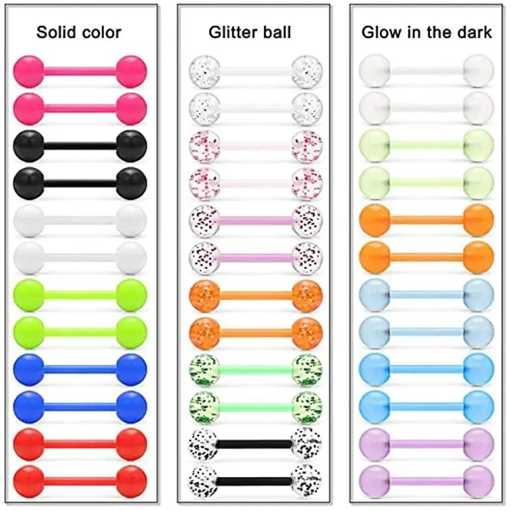 1/24Pairs Tongue Rings Acrylic Piercing Jewelry Flexible Straight Nipple Rings Barbells Piercing Bars 16mm 5/8 For Women Men