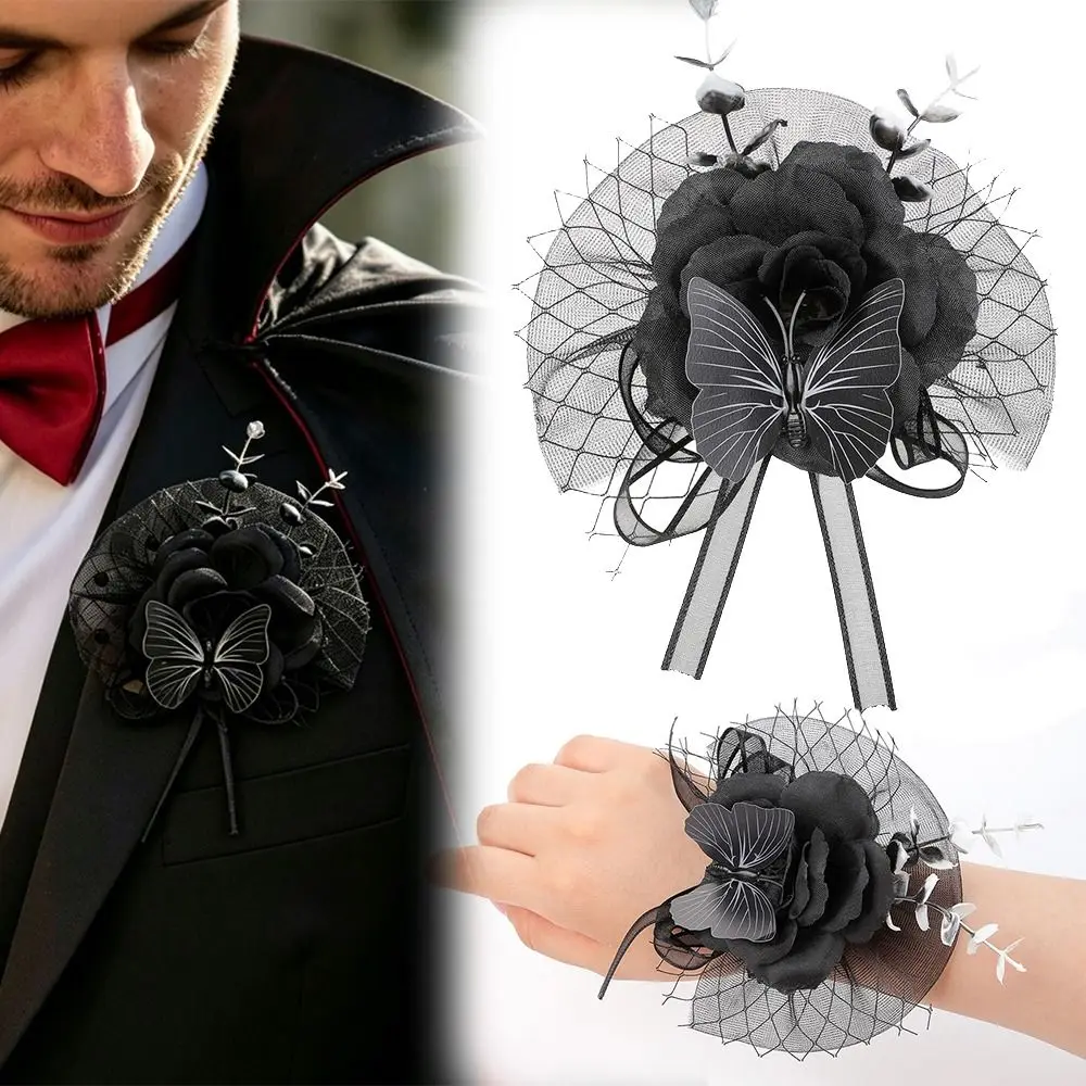 New Fabric Flower Rose Corsage Black Color Ribbon Flower Brooch Wearable Design Tulle Mesh Floral Boutonniere Butterfly Decor
