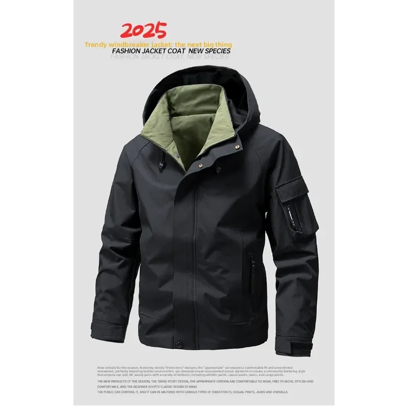 Leichte Herren-Kapuzenjacken Herbst Casual Streetwear Mode Multi-Taschen Arbeitsjacken Outdoor Wasserdichte Windjacke – Detail 1