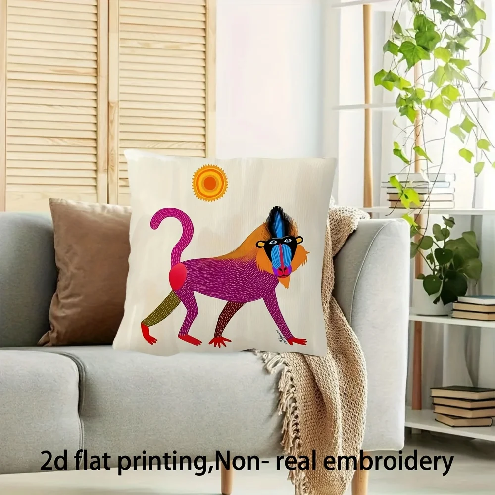 1pc Baboon and Sun Art Pillow Cover, Vibrant Animal Design Cushion Case for Living Room Bedroom Home Decor Gift