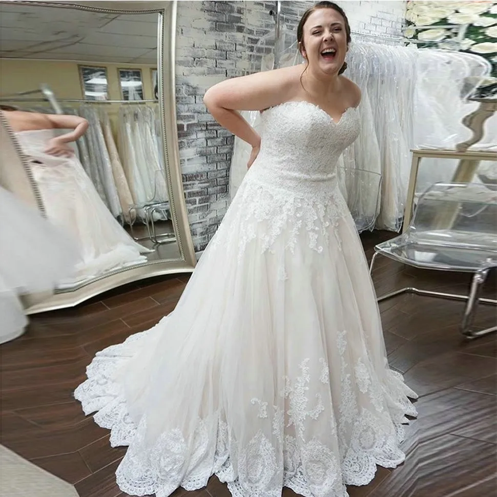 ANGELSBRIDEP Sweetheart A-Line Tulle Wedding Dress Happy Vestido De Noiva Lace Beading Appliques Court Train Plus Size NEW