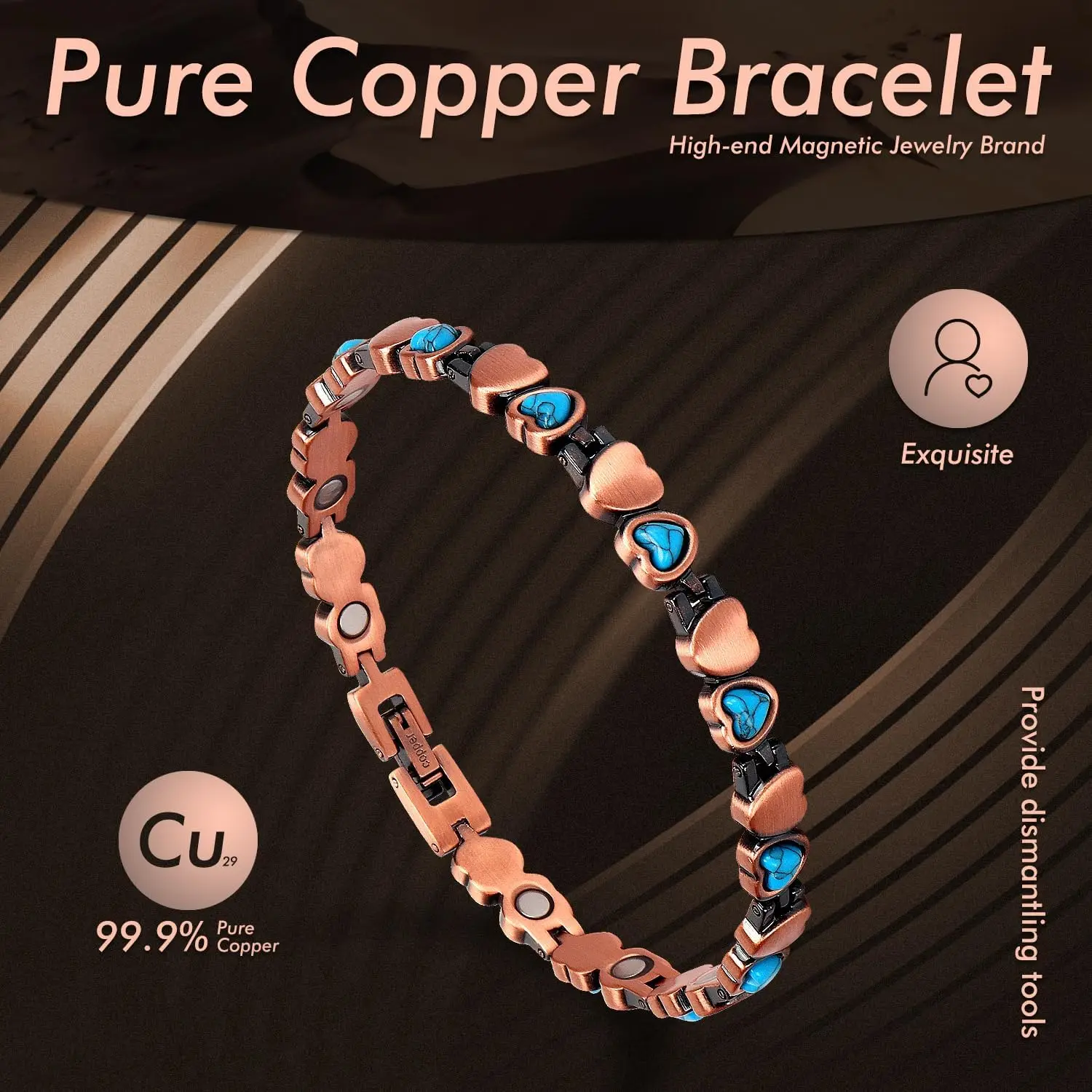 ARADOO Pure Copper Bracelet Inlaid Turquoise Magnetic Therapy Bracelets