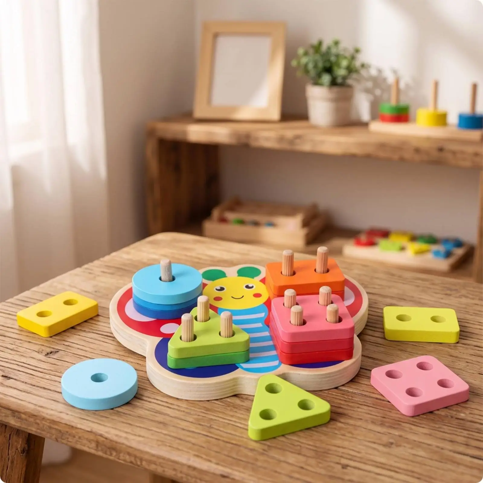 Butterfly Puzzle with Pegs Natural Wood Sorting and Stacking Toy Multicolor