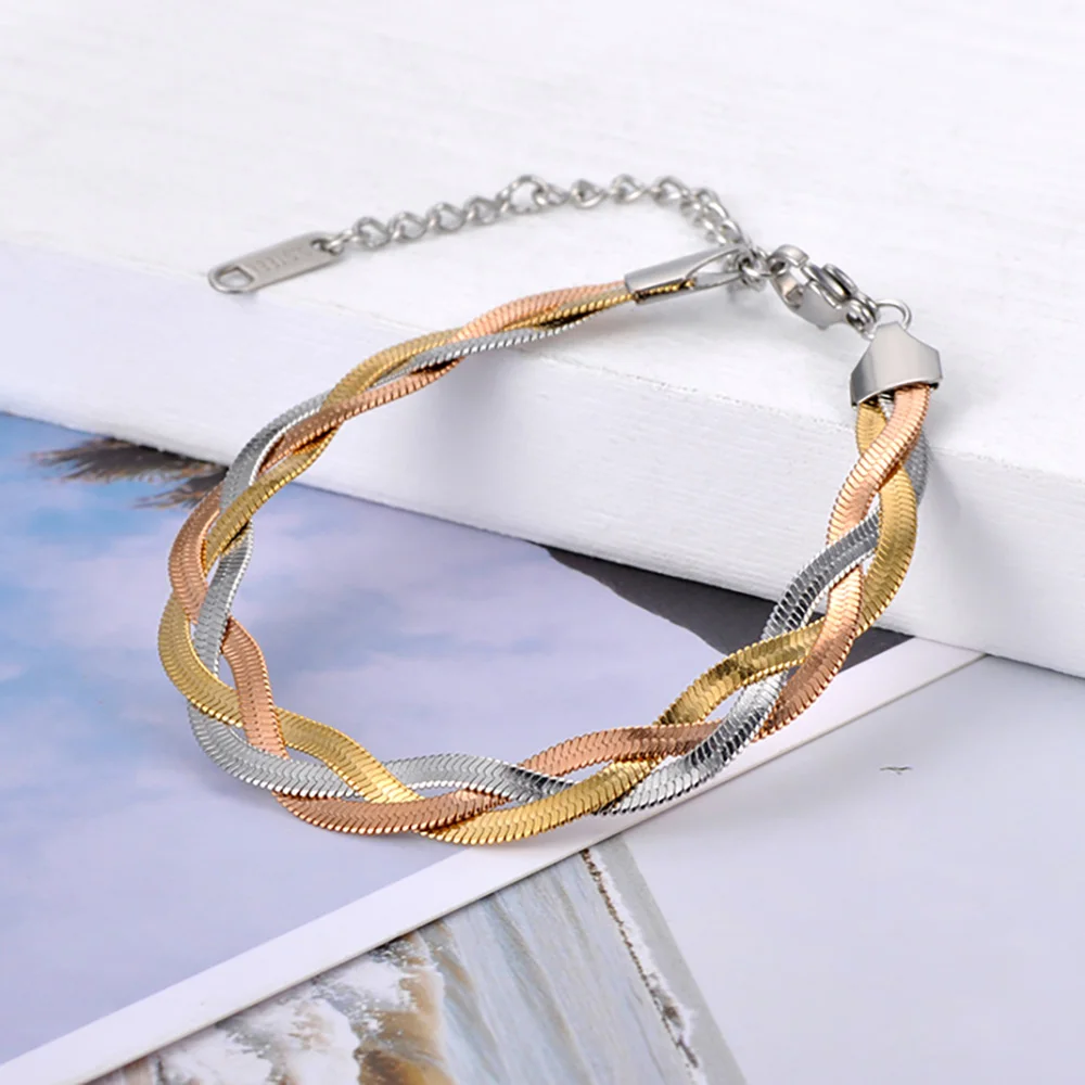Mode 316L Edelstahl Drei Schicht Weben Halskette Armbänder für Frauen Flache Schlange Kette Handgemachte Wasserdichte Schmuck B20126
