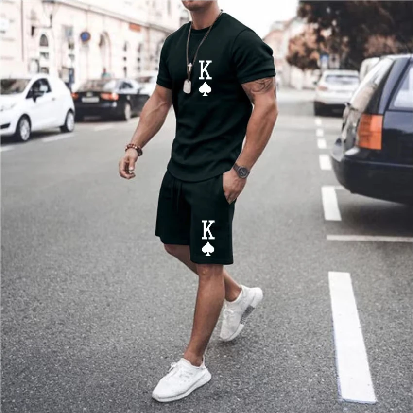 Fatos de treino com letras King impressas em 3D para homens, conjunto de calças e camisa de manga curta, roupas masculinas, shorts extragrandes, moda