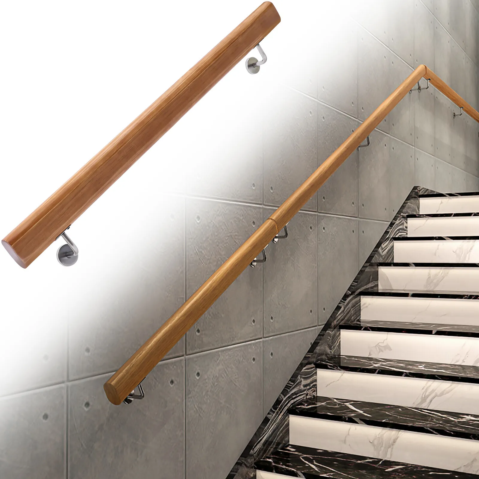 Stair Handrail with Pine Wood and Stainless Steel, Wall Mounted, Scandinavian Style, Easy to Install for Home Safety