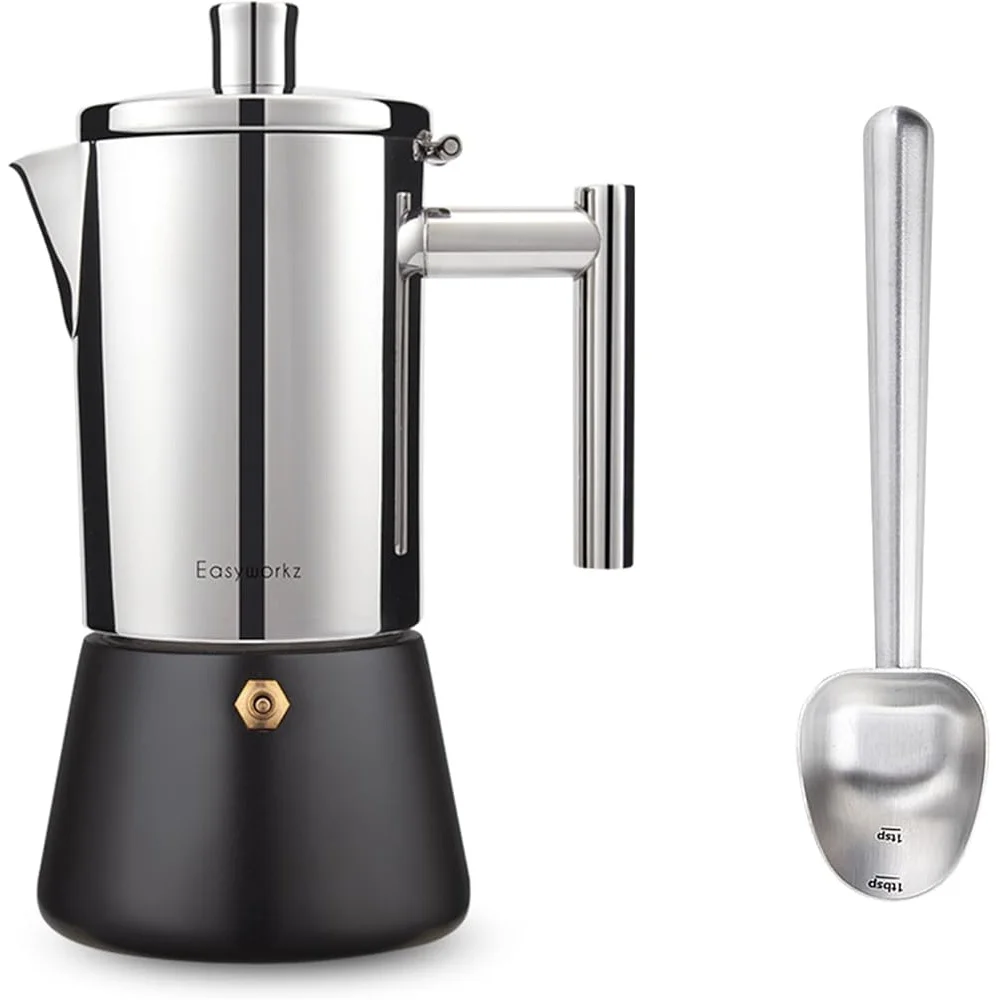 Panci Moka Baja Tahan Karat 6 Cangkir Pembuat Espresso Pegangan Tahan Panas Sendok Kopi 18/8 Alat Dapur Kompor Mudah Dibersihkan Tahan Lama